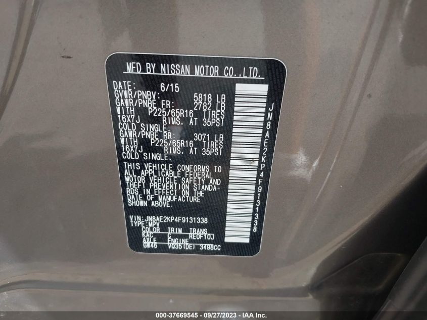 2015 NISSAN QUEST S/SV/SL/PLATINUM - JN8AE2KP4F9131338