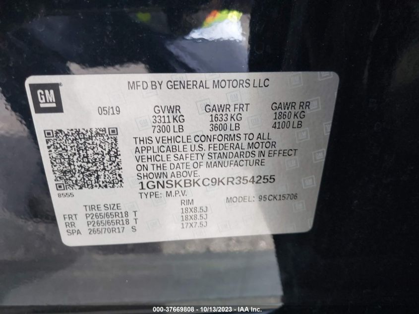 2019 CHEVROLET TAHOE K1500 LT - 1GNSKBKC9KR354255