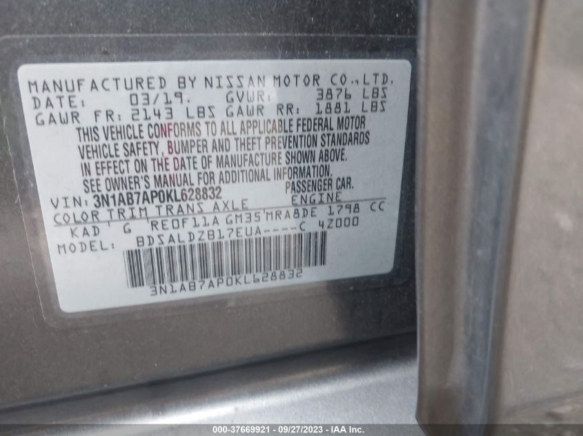 2019 NISSAN SENTRA S/SV/SR/SL - 3N1AB7AP0KL628832