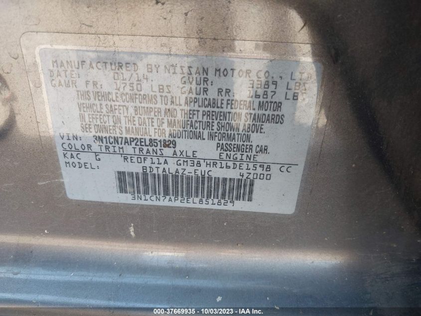 2014 NISSAN VERSA S PLUS - 3N1CN7AP2EL851829