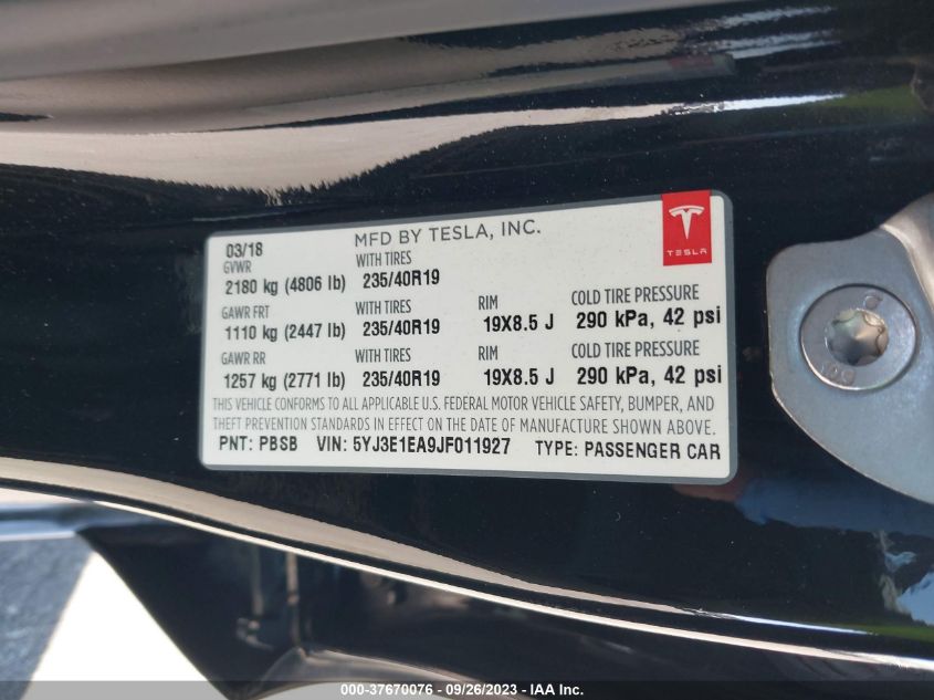 2018 TESLA MODEL 3 RANGE BATTERY - 5YJ3E1EA9JF011927