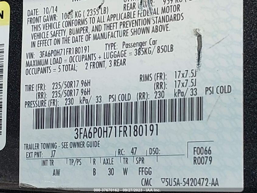2015 FORD FUSION SE - 3FA6P0H71FR180191