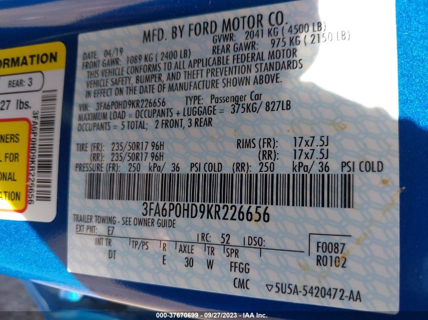 2019 FORD FUSION SE - 3FA6P0HD9KR226656