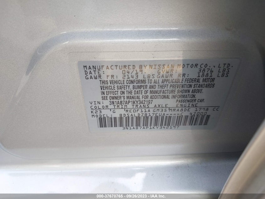 VIN 3N1AB7AP1KY342197 2019 NISSAN SENTRA SV