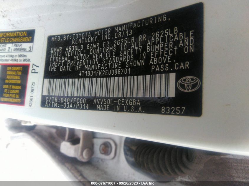 2014 TOYOTA CAMRY HYBRID LE/XLE/SE LIMITED EDITION - 4T1BD1FK2EU098701