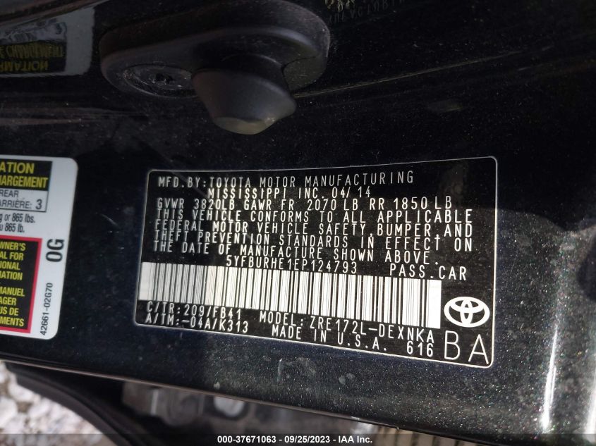 2014 TOYOTA COROLLA L/LE/S/S PLUS/LE PLUS - 5YFBURHE1EP124793
