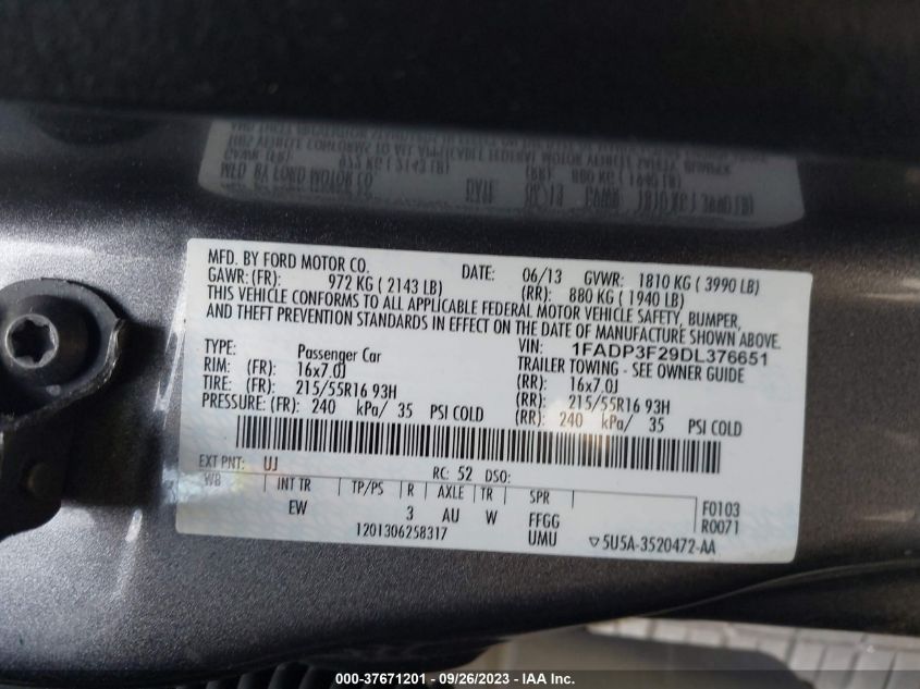 2013 FORD FOCUS SE - 1FADP3F29DL376651