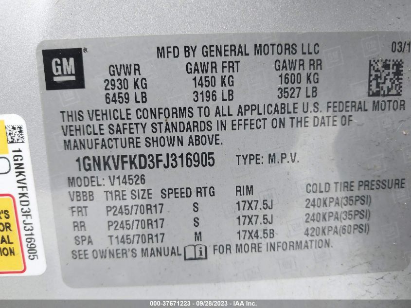 2015 CHEVROLET TRAVERSE LS - 1GNKVFKD3FJ316905