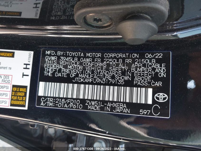 JTDKAMFU9N3179135 Toyota Prius L 9