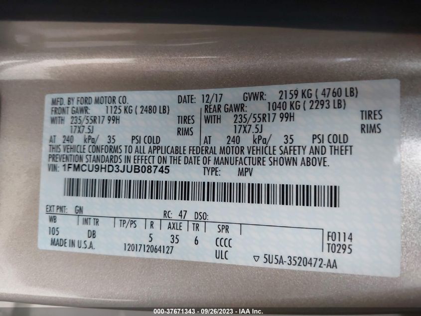 2018 FORD ESCAPE SEL - 1FMCU9HD3JUB08745