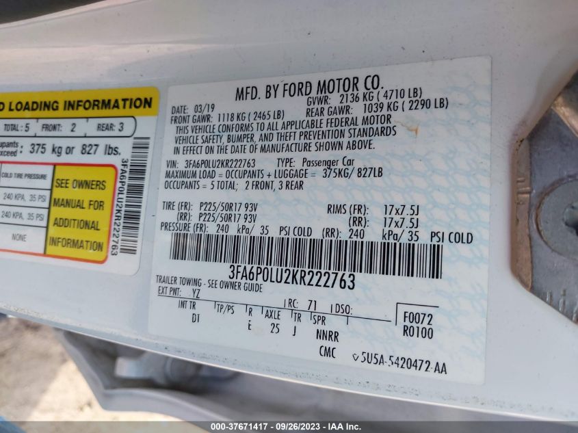 3FA6P0LU2KR222763 Ford Fusion Hybrid SE 9