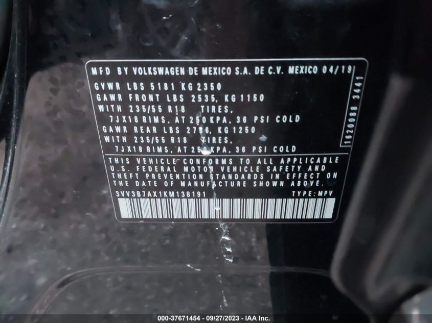 3VV3B7AX1KM138191 Volkswagen Tiguan SE/SEL/SEL R-LINE JET-BLA 9