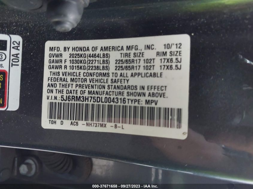 2013 HONDA CR-V EX-L - 5J6RM3H75DL004316