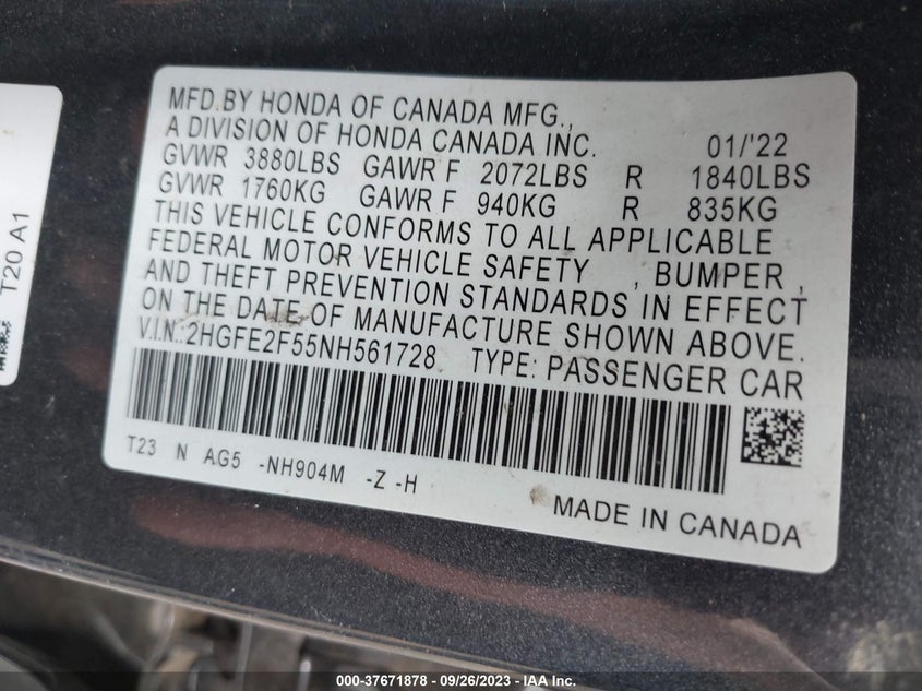 VIN 2HGFE2F55NH561728 2022 HONDA CIVIC SEDAN SPORT