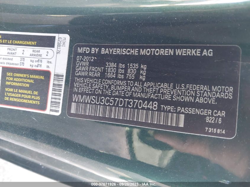 2013 MINI HARDTOP COOPER - WMWSU3C57DT370448