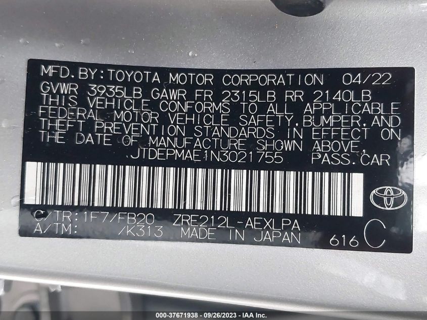 2022 TOYOTA COROLLA LE - JTDEPMAE1N3021755