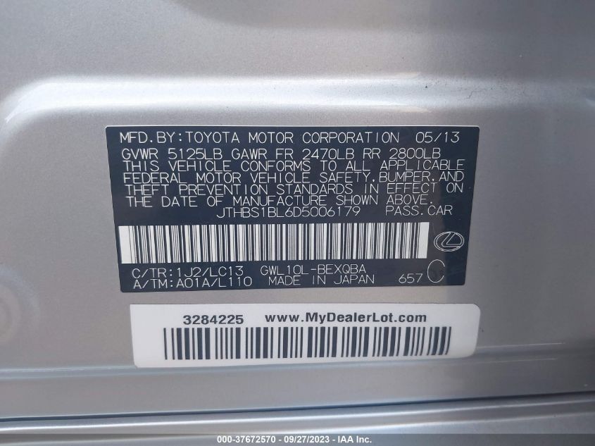 2013 LEXUS GS 450H HYBRID JTHBS1BL6D5006179