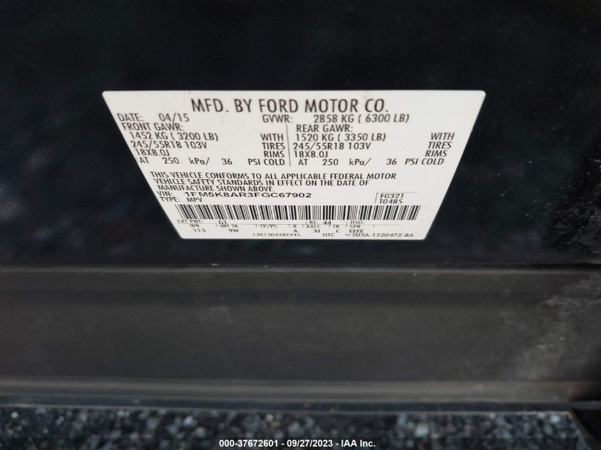 2015 FORD UTILITY POLICE 1FM5K8AR3FGC67902