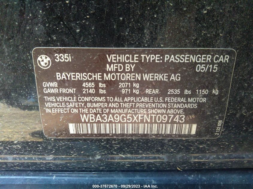 2015 BMW 335I WBA3A9G5XFNT09743