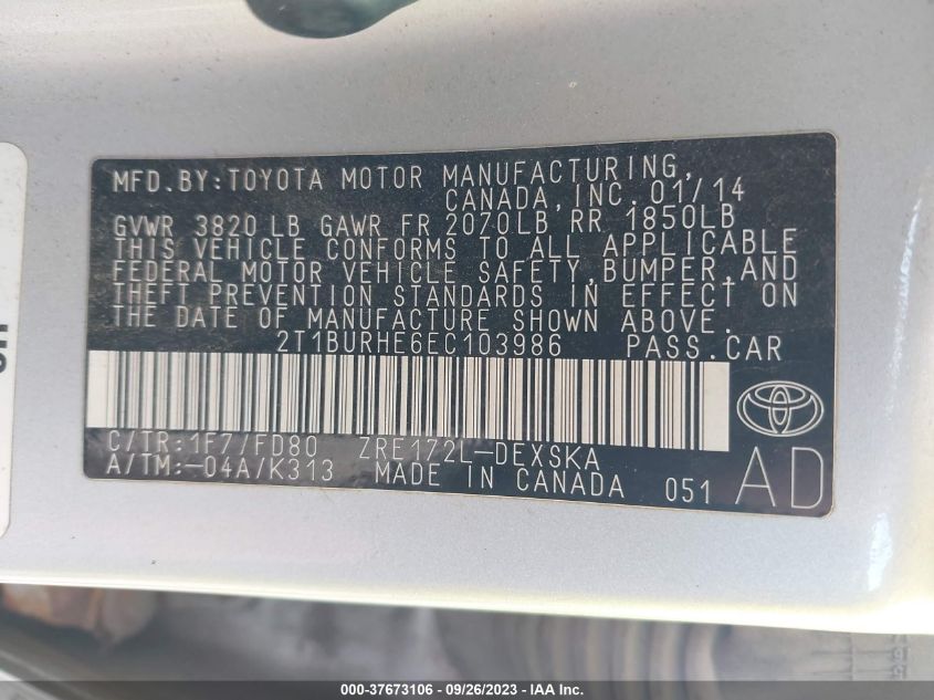 2014 TOYOTA COROLLA S - 2T1BURHE6EC103986