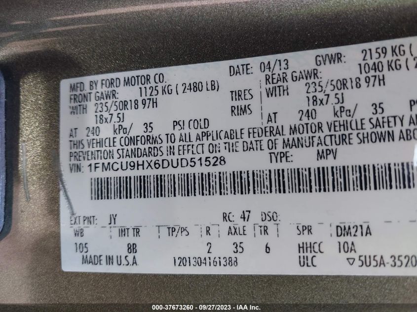 2013 FORD ESCAPE SEL - 1FMCU9HX6DUD51528