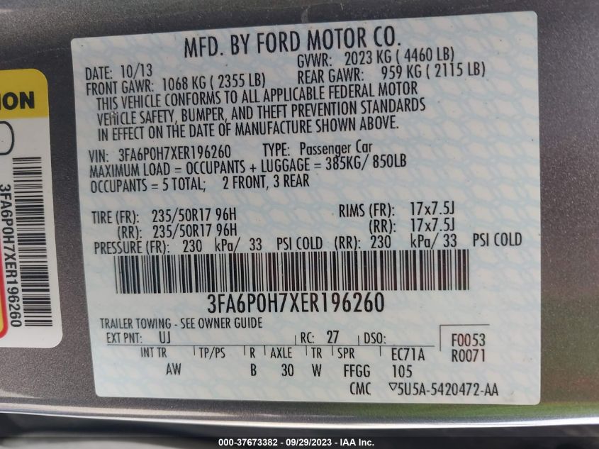 2014 FORD FUSION SE - 3FA6P0H7XER196206