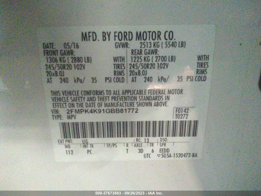 2FMPK4K91GBB81772 2016 FORD EDGE, photo no. 9