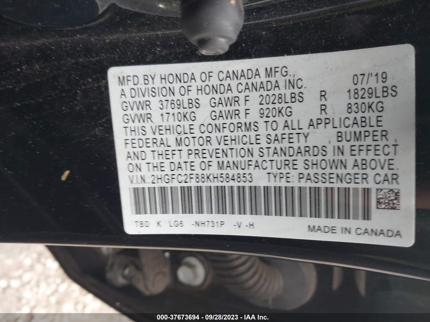 VIN 2HGFC2F88KH584853 2019 HONDA CIVIC SEDAN SPORT