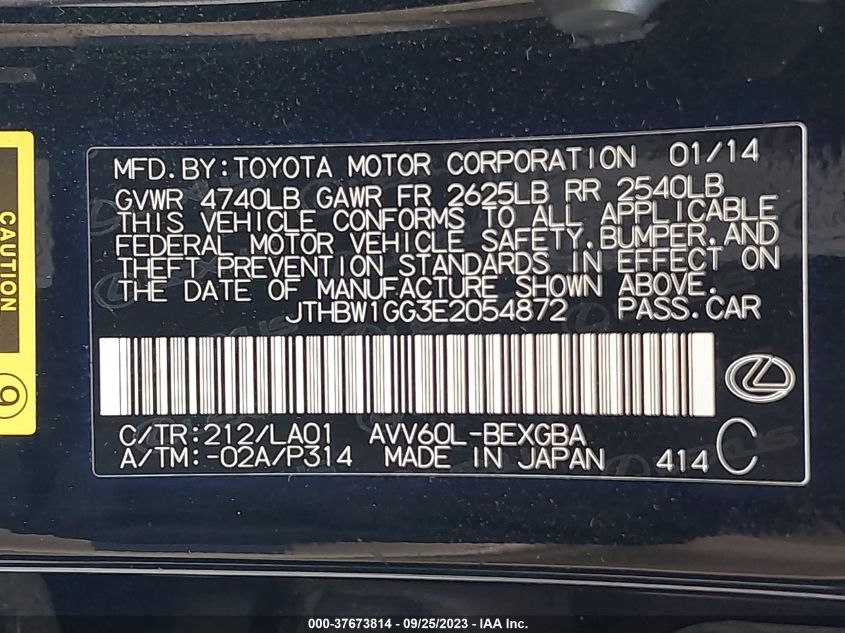 2014 LEXUS ES 300H HYBRID JTHBW1GG3E2054872