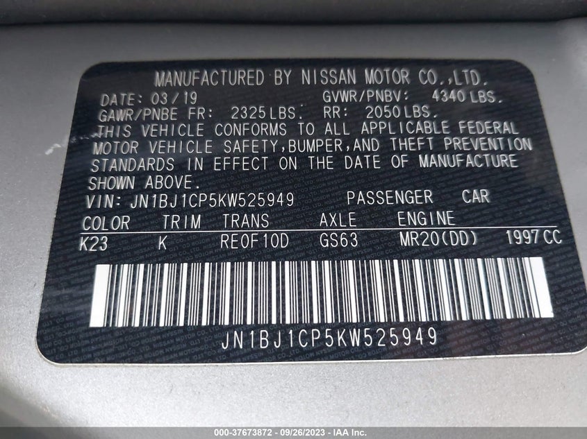 VIN JN1BJ1CP5KW525949 2019 NISSAN ROGUE SPORT SV