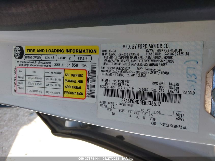 2014 FORD FUSION SE - 3FA6P0HD8ER336537