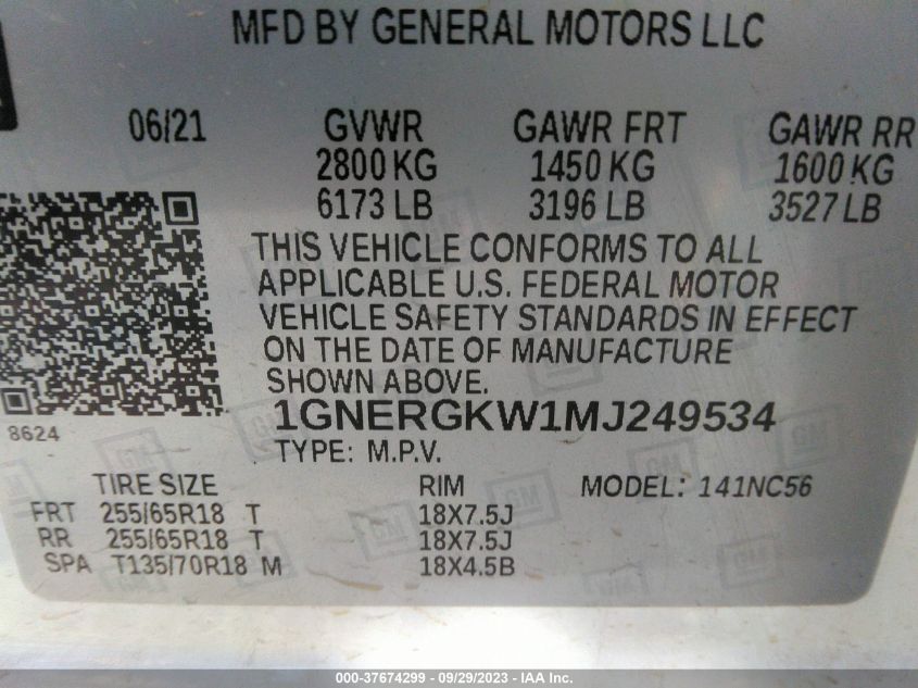 1GNERGKW1MJ249534 Chevrolet Traverse LT CLOTH 9