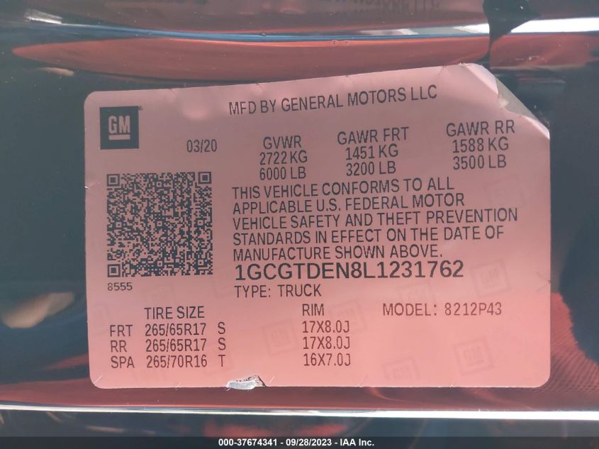 2020 CHEVROLET COLORADO 4WD Z71 - 1GCGTDEN8L1231762