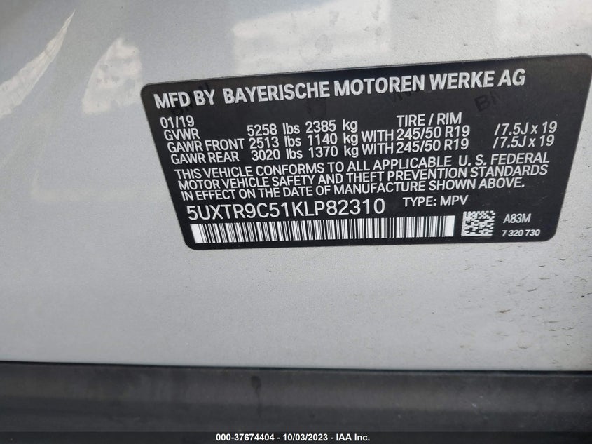 VIN 5UXTR9C51KLP82310 2019 BMW X3 XDRIVE30I