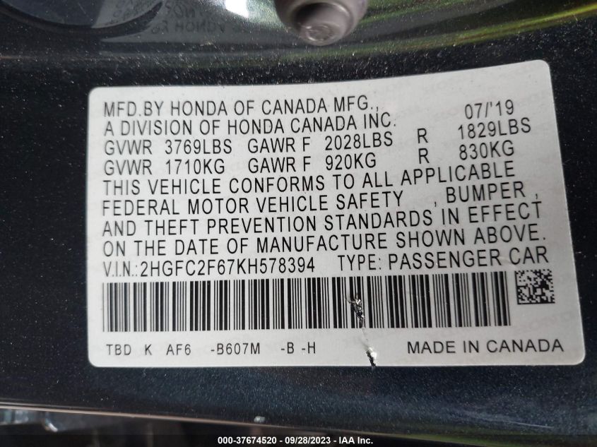 2019 HONDA CIVIC SEDAN LX - 2HGFC2F67KH578394