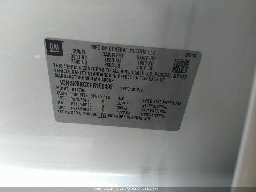 2015 CHEVROLET TAHOE LT - 1GNSKBKCXFR180492