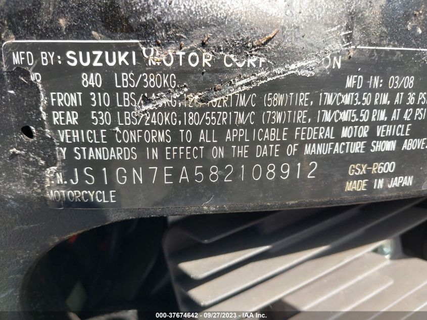 2008 SUZUKI GSX-R600 - JS1GN7EA582108912