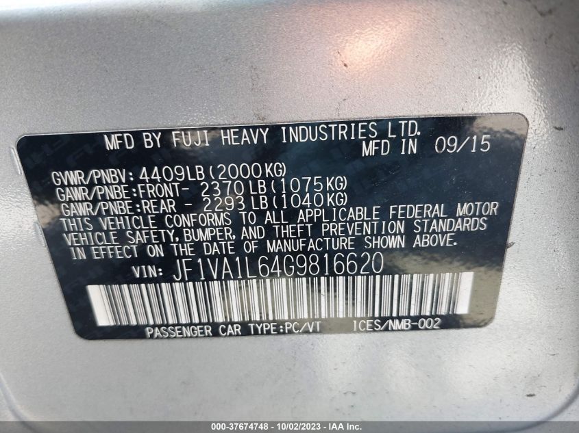 2016 SUBARU WRX LIMITED - JF1VA1L64G9816620