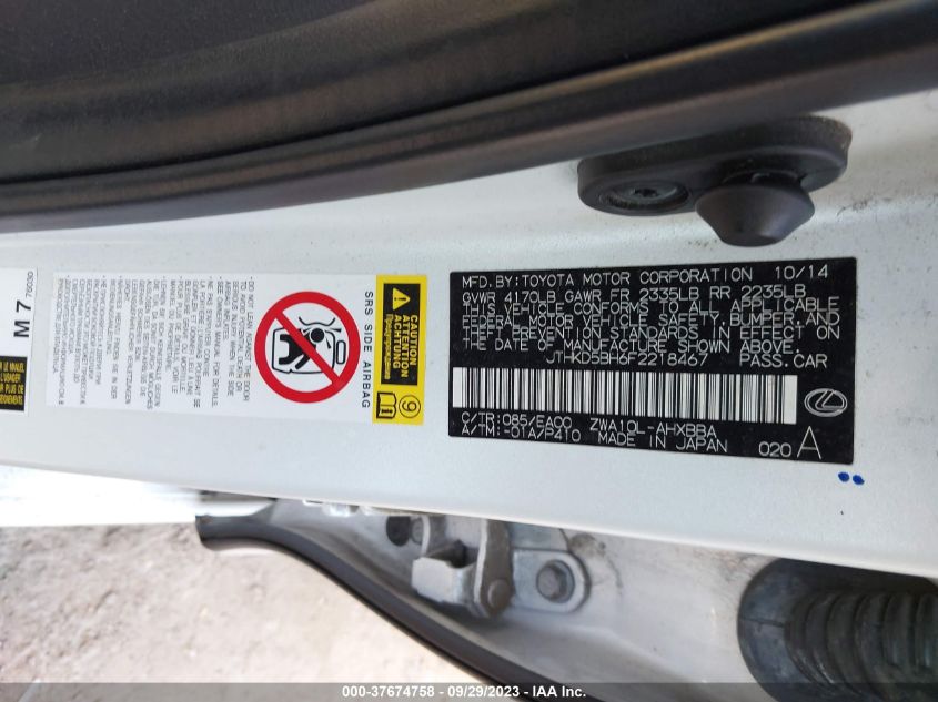 2015 LEXUS CT 200H HYBRID - JTHKD5BH6F2218467