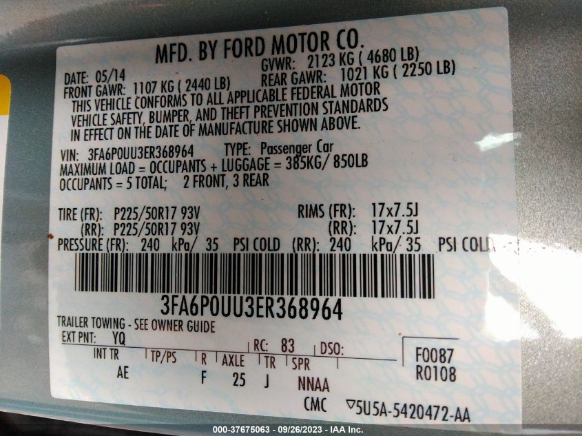 2014 FORD FUSION S HYBRID - 3FA6P0UU3ER368964