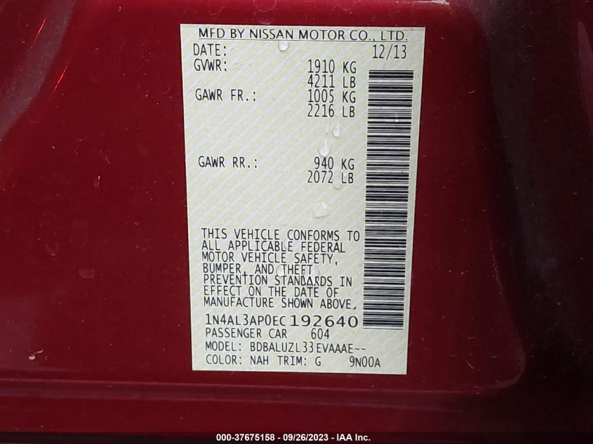 2014 NISSAN ALTIMA 2.5/S/SV/SL - 1N4AL3APOEC192640
