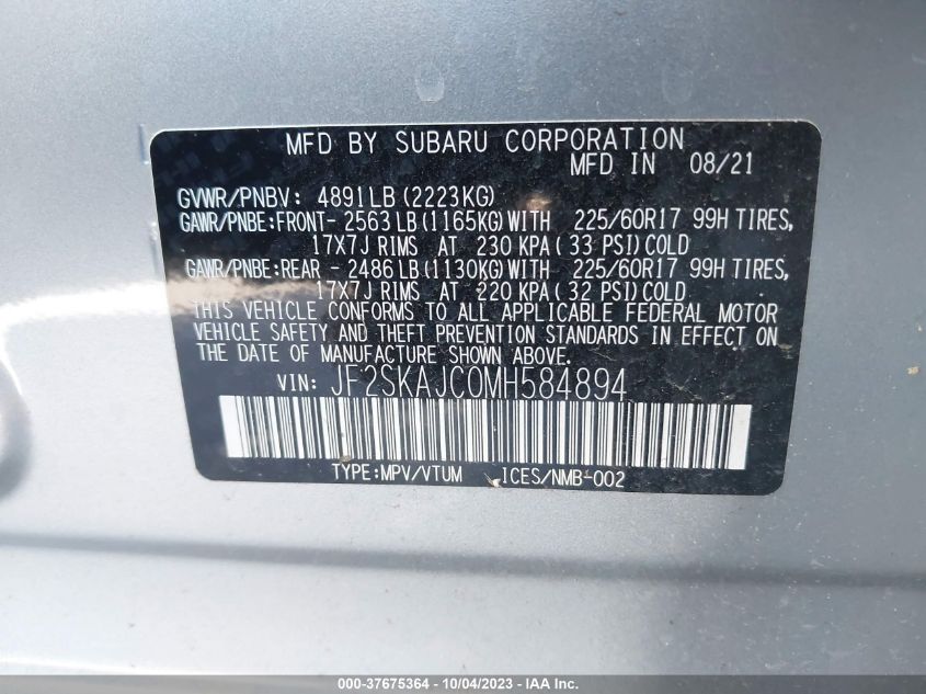 2021 SUBARU FORESTER PREMIUM JF2SKAJC0MH584894
