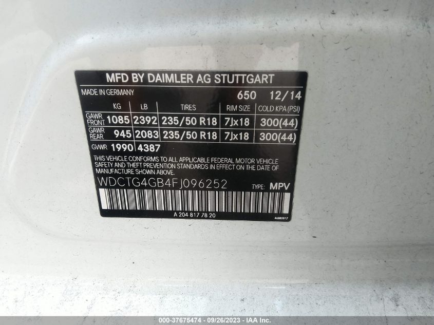 2015 MERCEDES-BENZ GLA-CLASS GLA 250 WDCTG4GB4FJ096252