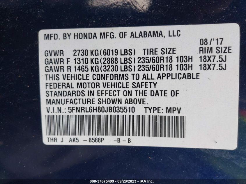 5FNRL6H80JB035510 2018 HONDA ODYSSEY, photo no. 9