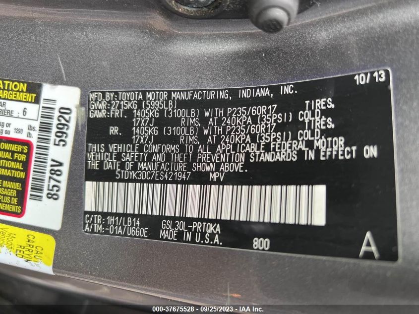 2014 TOYOTA SIENNA XLE/XLE AAS/LTD - 5TDYK3DC7ES421947