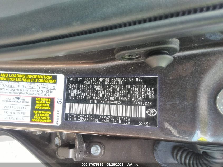 2018 TOYOTA CAMRY LE/SE/XLE/L - 4T1B11HK9JU646824