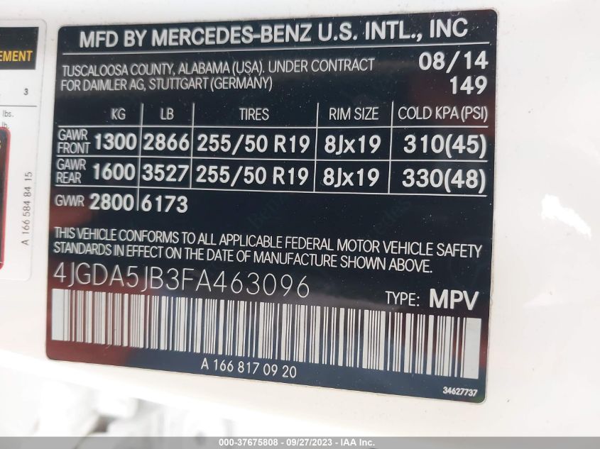 2015 MERCEDES-BENZ M-CLASS ML 350 4JGDA5JB3FA463096