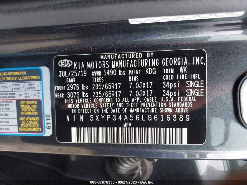 2020 KIA SORENTO LX V6 - 5XYPG4A56LG616389