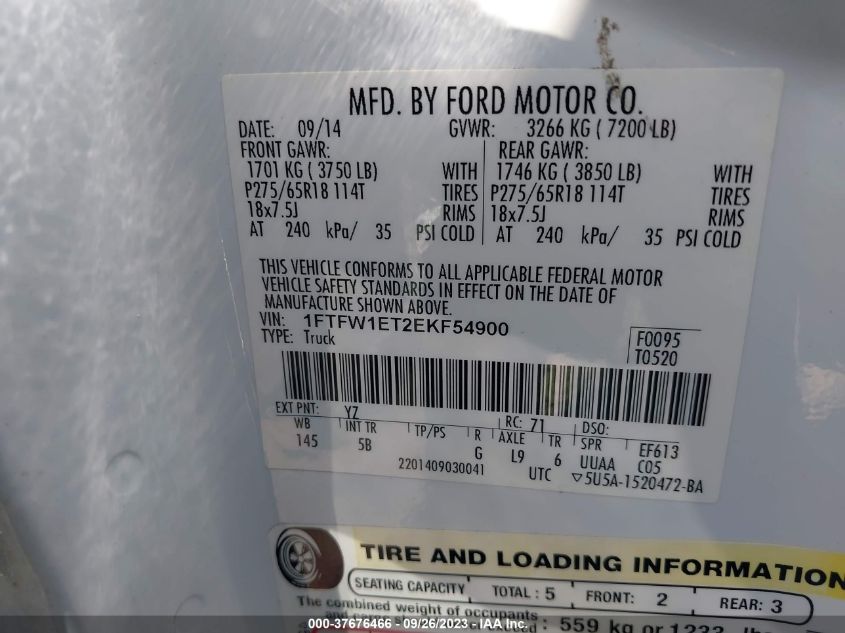 2014 FORD F-150 XL/XLT/FX4/LARIAT - 1FTFW1ET2EKF54900