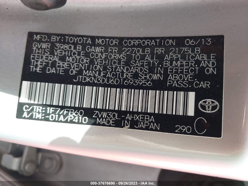 2013 TOYOTA PRIUS ONE/TWO/THREE/FOUR/FIVE - JTDKN3DU6D1693956